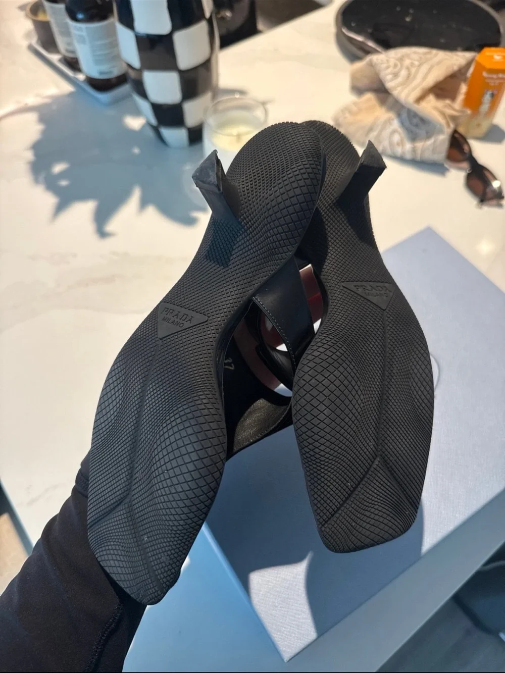 Prada Black Leather Square Toe Thong Mules